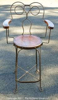 Antique Wrought Iron Twisted Metal Ice Cream Parlor Arm Chair with Wood Seat and Arms. 