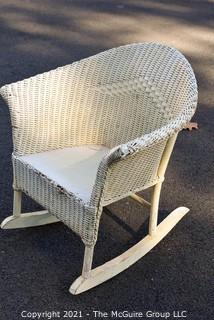 Vintage White Painted Childs Wicker Rocking Chair. 