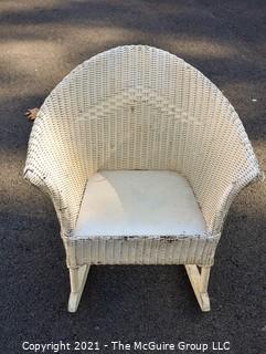 Vintage White Painted Childs Wicker Rocking Chair. 