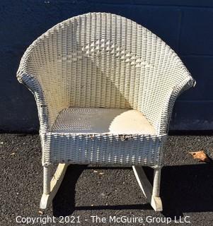 Vintage White Painted Childs Wicker Rocking Chair. 