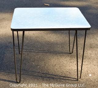 Vintage Mid Century Grey Marbled Formica Top Table with Wrought Iron Hairpin Legs. Measures  21" long, 17" wide & 21" tall.