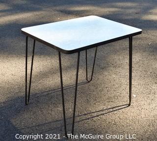 Vintage Mid Century Grey Marbled Formica Top Table with Wrought Iron Hairpin Legs. Measures  21" long, 17" wide & 21" tall.