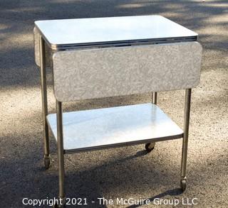 Vintage Mid Century Grey Marbled Formica Top Drop Leaf Table with Chrome Trim. 33" wide when leaves up, 30" tall.