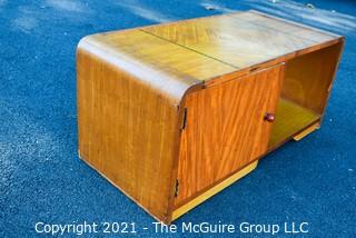 Vintage Art Deco Inlaid Top Coffee Table with Cocktail Bar Door Cabinet.  Measures 17" x 17" x 35".