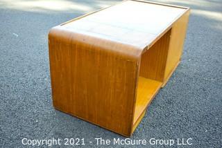 Vintage Art Deco Inlaid Top Coffee Table with Cocktail Bar Door Cabinet.  Measures 17" x 17" x 35".