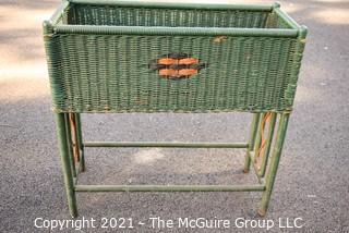 Vintage Green Painted Wicker Planter Stand.  Measures 11" x 28" x 28".