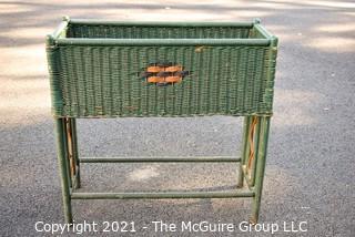 Vintage Green Painted Wicker Planter Stand.  Measures 11" x 28" x 28".