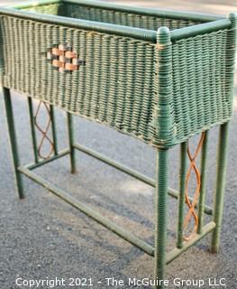 Vintage Green Painted Wicker Planter Stand.  Measures 11" x 28" x 28".