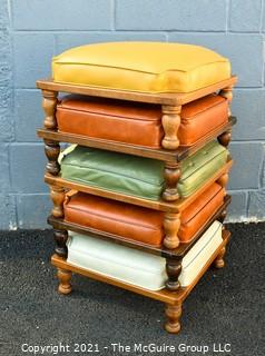 Set of Five (5) Mid-Century Modern Asian Style Stackable Stools with Leather Upholstery Made by Ethan Allen. Each stool measures 8"H x 17ʺW × 17ʺD.