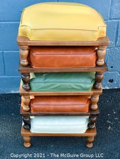 Set of Five (5) Mid-Century Modern Asian Style Stackable Stools with Leather Upholstery Made by Ethan Allen. Each stool measures 8"H x 17ʺW × 17ʺD.