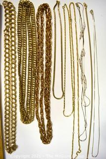 Nine (9) Gold Tone Costume Jewelry Chain Necklaces. 