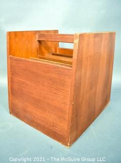 Mid Century Modern Danish Bruksbo Bagn Mobelindustri Wood Magazine Rack by Rolf Hesland.  Some damage to veneer on lower front corner.  Measures 13" x 13" x 15".