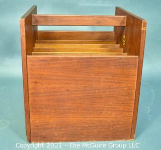 Mid Century Modern Danish Bruksbo Bagn Mobelindustri Wood Magazine Rack by Rolf Hesland.  Some damage to veneer on lower front corner.  Measures 13" x 13" x 15".