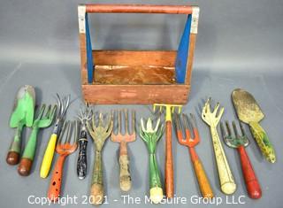 Collection of Vintage Gardening Tools in Bright Colors with Primitive Hand Made Wood Carrier.