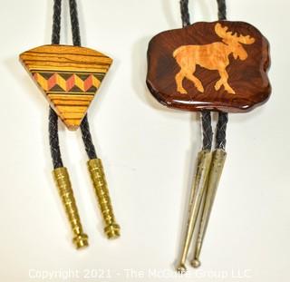 Two Vintage Bolo Ties with Wooden Inlay 