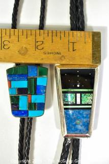 Two (2) Vintage Modernist Abstract Sterling Silver Inlaid Gemstone Bolo Ties. Unmarked Silver.