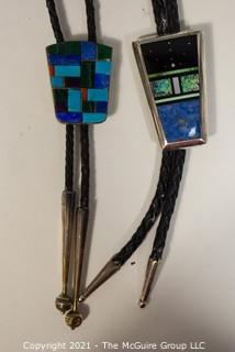 Two (2) Vintage Modernist Abstract Sterling Silver Inlaid Gemstone Bolo Ties. Unmarked Silver.