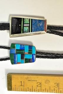 Two (2) Vintage Modernist Abstract Sterling Silver Inlaid Gemstone Bolo Ties. Unmarked Silver.