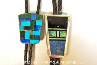 Two (2) Vintage Modernist Abstract Sterling Silver Inlaid Gemstone Bolo Ties. Unmarked Silver.