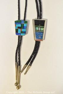 Two (2) Vintage Modernist Abstract Sterling Silver Inlaid Gemstone Bolo Ties. Unmarked Silver.