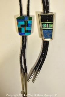 Two (2) Vintage Modernist Abstract Sterling Silver Inlaid Gemstone Bolo Ties. Unmarked Silver.