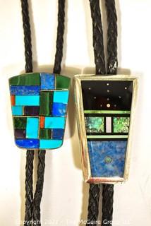 Two (2) Vintage Modernist Abstract Sterling Silver Inlaid Gemstone Bolo Ties. Unmarked Silver.