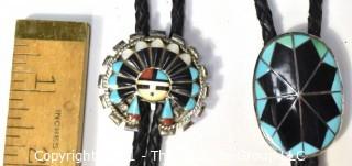 Two (2) Vintage Sterling Silver Native American Inlaid Gemstone Bolo Ties.  Unmarked Silver. 