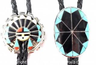 Two (2) Vintage Sterling Silver Native American Inlaid Gemstone Bolo Ties.  Unmarked Silver. 