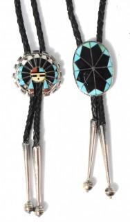 Two (2) Vintage Sterling Silver Native American Inlaid Gemstone Bolo Ties.  Unmarked Silver. 