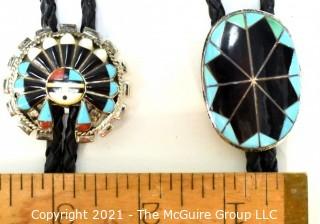 Two (2) Vintage Sterling Silver Native American Inlaid Gemstone Bolo Ties.  Unmarked Silver. 