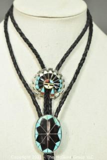 Two (2) Vintage Sterling Silver Native American Inlaid Gemstone Bolo Ties.  Unmarked Silver. 