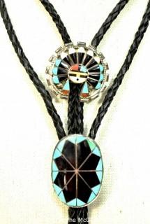 Two (2) Vintage Sterling Silver Native American Inlaid Gemstone Bolo Ties.  Unmarked Silver. 