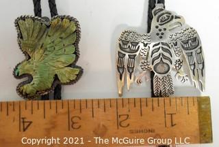 Two (2) Vintage Sterling Silver Bolos.  Stone Eagle on Silver Bezel and Native American Thunderbird.