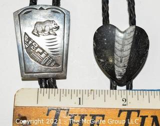 Two (2) Vintage Sterling Silver and Agate Stone Native American Bolo Ties with Recessed Bear and Heart Shaped Stone/