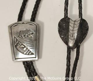 Two (2) Vintage Sterling Silver and Agate Stone Native American Bolo Ties with Recessed Bear and Heart Shaped Stone/