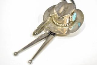 Navajo Native American Sterling Silver Cowboy Hat Bolo Tie With Inset Turquoise Stone And Dangling Feather.  Signed By Navajo Jewelry Artist, ABJ.  