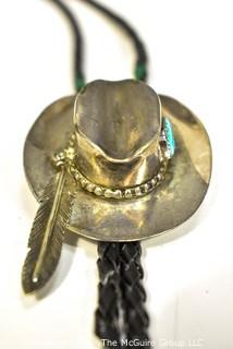 Navajo Native American Sterling Silver Cowboy Hat Bolo Tie With Inset Turquoise Stone And Dangling Feather.  Signed By Navajo Jewelry Artist, ABJ.  