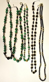 Five (5) Strands of Green Malachite with Black Faceted Glass Beads.