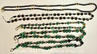 Five (5) Strands of Green Malachite with Black Faceted Glass Beads.