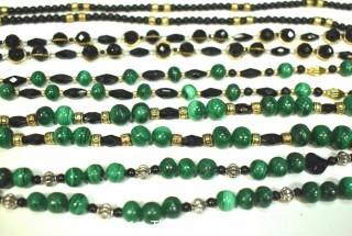 Five (5) Strands of Green Malachite with Black Faceted Glass Beads.