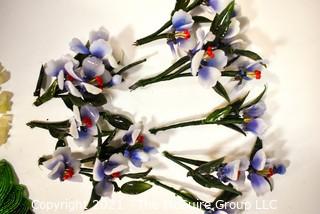 Group of Blown Glass, Beaded Glass and Silk Flowers.  