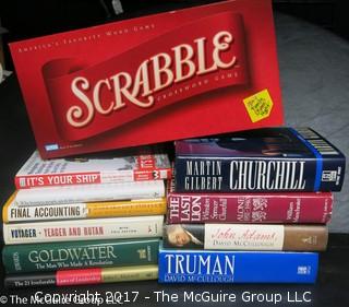 Collection of books and Scrabble Board Game 