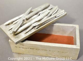 Silver-Tone Box Covered In Applied Writing Pens With Inscribed Ernest Hemingway Quote.