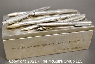 Silver-Tone Box Covered In Applied Writing Pens With Inscribed Ernest Hemingway Quote.