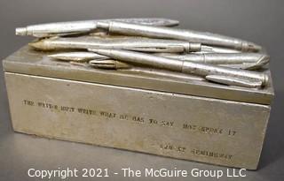 Silver-Tone Box Covered In Applied Writing Pens With Inscribed Ernest Hemingway Quote.