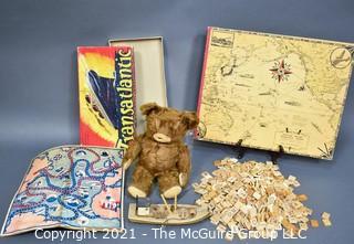 Group of Vintage Toys and Games.  Includes 1930's Knickerbocker Brown Mohair Teddy Bear, Transatlantic Board Game, Empty Scrapbook with Total War Battle Map Covers By Chase, Ernest Dudley & Scrabble Wood Game Pieces. 