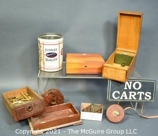 
Eclectic Collection including Wooden Boxes, early Keuffler and Esser Surveyors Tape, Tin, Cabinet Hardware and "No Carts" Sign