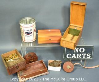 
Eclectic Collection including Wooden Boxes, early Keuffler and Esser Surveyors Tape, Tin, Cabinet Hardware and "No Carts" Sign