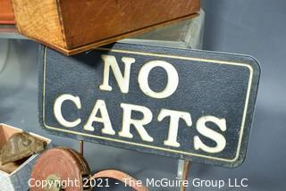 
Eclectic Collection including Wooden Boxes, early Keuffler and Esser Surveyors Tape, Tin, Cabinet Hardware and "No Carts" Sign