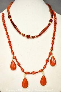 Two (2) Strands of Beads Including Carnelian and Red Jasper.  One bead broken.  They measure 21" & 22" long 